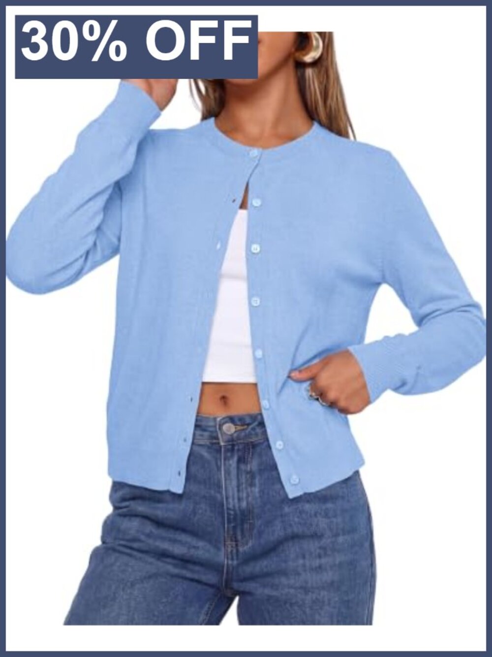 Lightweight Button Up Knit Cardigan Long Sleeve Cropped Sweater